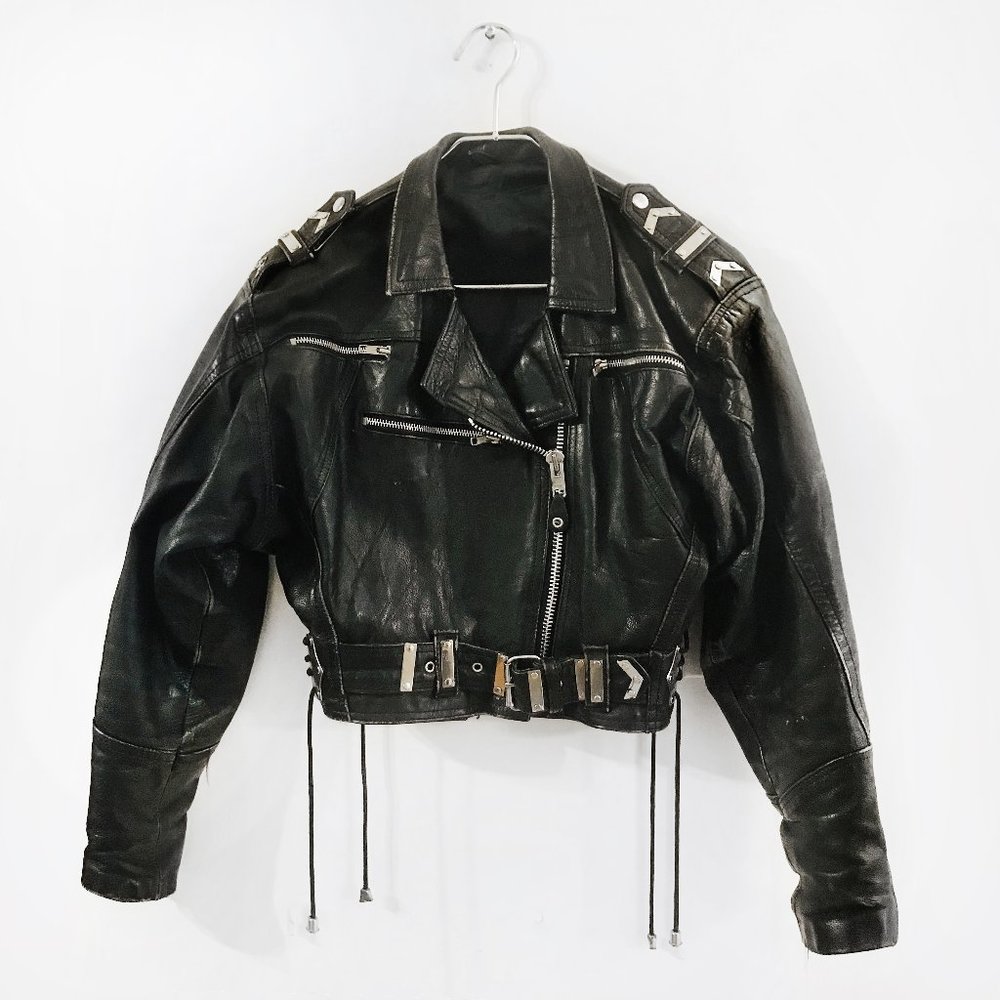 Vintage | 80's | Metal Leather Cropped Moto Jacket | M